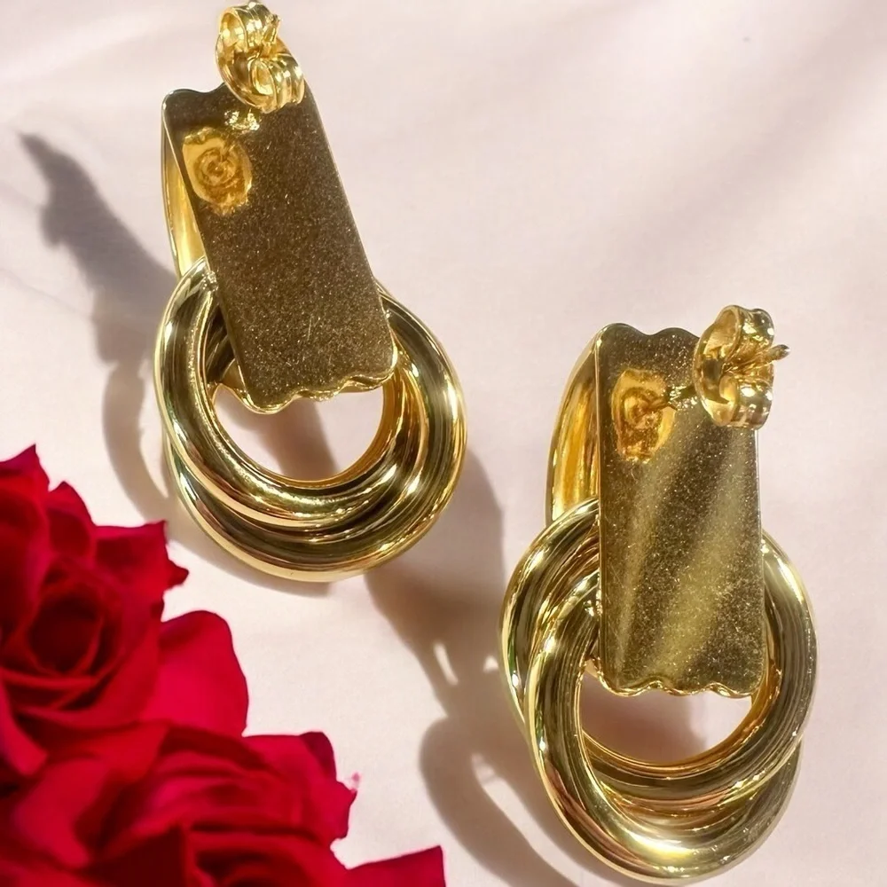 NEW Yellow Gold-Plated Stainless Steel Knotted & Looped Drop Earrings Celeb Fav
